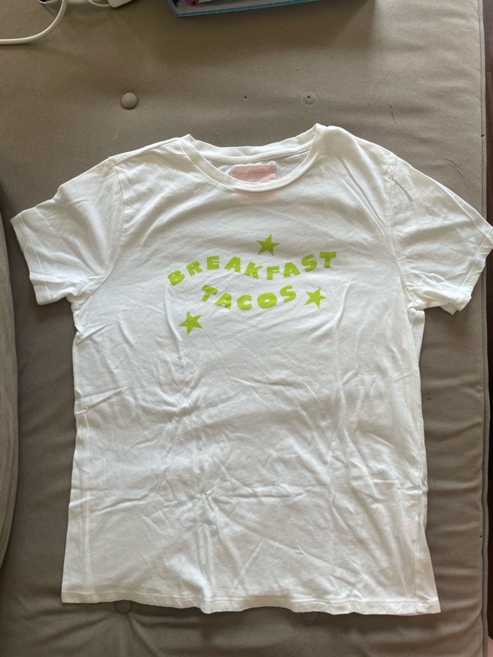 ban.do White Tee with Lime-Green "Breakfast Tacos" Graphic